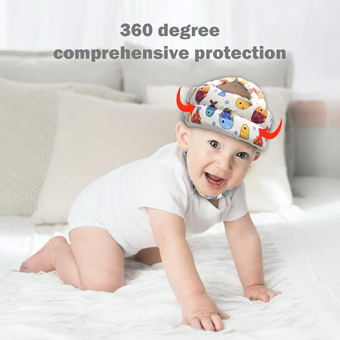 Baby Head Protector Baby Helmet for Crawling Walking, No Bumps Safety Head Adjustable Protective Cap for Walking, Playing (Fish)