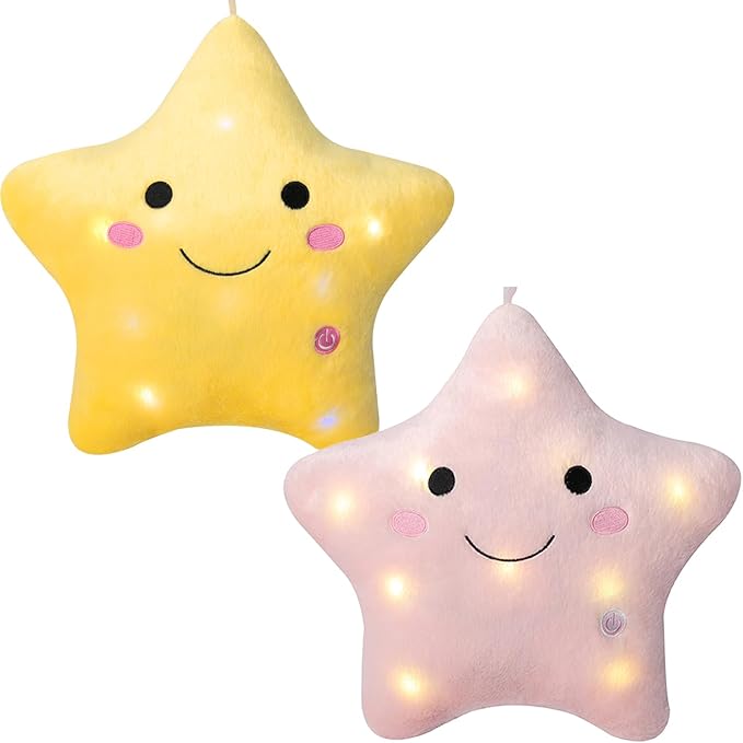 DearSun Set of 2pcs, 13'' Creative Twinkle Star Colorful Night Light Plush Pillows Light up Night Stuffed Toys Perfect for Birthday Christmas Holiday Valentines(Yellow+Pink)