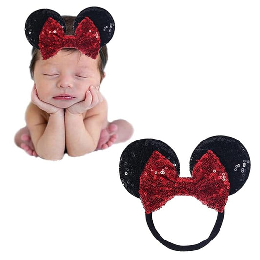 JIAHANG Mouse Ear Nylon Headband with Sequin Bow, Soft Elastic Hair Bow Hair Band, Party Headwear for Baby Newborn Infant Toddlers, kids, Gilrs Party Supplies