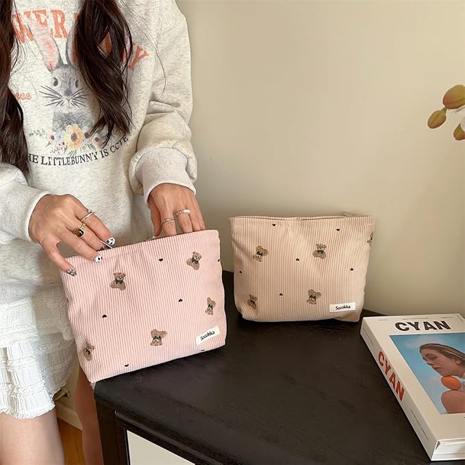 Cute Small Soft Corduroy Zipper Makeup Bag for Purse, Coquette Aesthetic Pouch with Bear Pattern for Women Girls, Kawaii Travel Cosmetic Bags(01Pink)