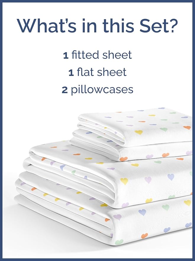 Kids Queen Size Bed Sheet Set - 4 Piece Kids Loft Bed Sheets - Soft, Cute and Cozy - Comfy, Breathable and Machine Washable - Easy-Care & Wrinkle Free Hearts Bed Set for Boys, Girls, Teens & Toddlers