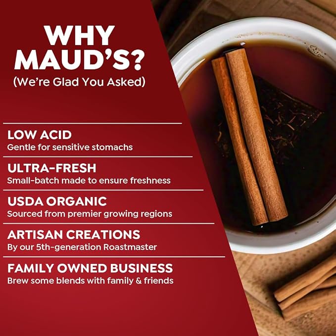 Maud's Organic Cinnamon Black Tea Pods, 44 ct, Single Serve Tea Pods – 100% Gourmet Blended Tea Leaves, Compatible with Keurig K Cups Maker