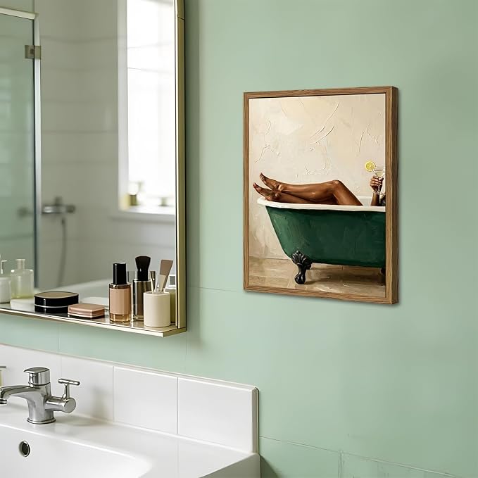 Black Woman Green Bathtub Wall Art Modern Luxury Bathroom Wall Decor Painting, Vintage Afrocentric Girl Bathroom Poster Canvas Print Picture 16x24 inch Wood Framed