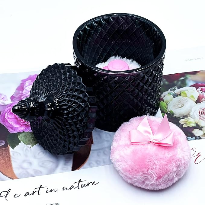Luxury 4.2 Inch Glass Powder Container with 2 Plush Puffs｜Gothic Vanity Decor Non-Sealed Refillable Organizer for Body Powder&Makeup｜Setting Powder Applicator(Pointed Cylinder-Black-Large)