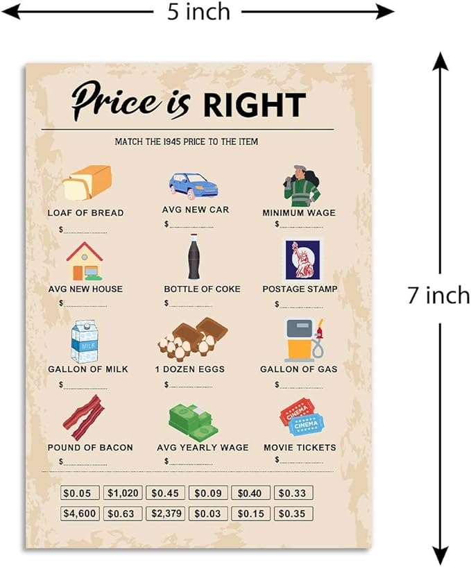 QUPT 80th Birthday Party Games, Price is Right Games, Birthday Party Supplies for Adults, Fun 1945s Party Game，Pack of 30 Cards