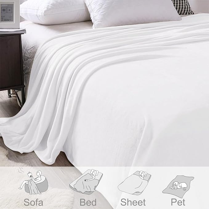 Exclusivo Mezcla Soft Fleece Blanket Twin Size for Bed, Pure White | 90x66 Inches, Double-Sided Brushed Flannel, Lightweight Plush Cozy Blanket for Home Decor, All Season, Machine Washable