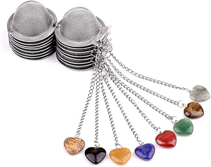 5 Pcs Stainless Steel Tea Ball Infusers with Heart Natural Crystal Charms, Fine Mesh Tea Strainers with Extension Chain & Hook for Loose Leaf Tea, Spices, Seasonings