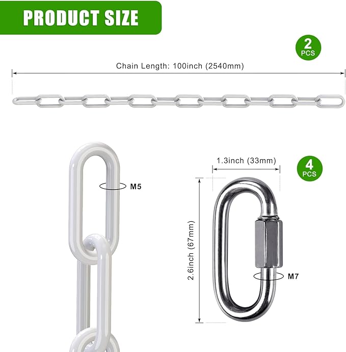 SELEWARE 2 Pack 100 Inch Hanging Swing Chain with 4 Carabiners, 1000LB Capacity Plastic Coated Hanging Chains, Hammock Hardware Kit for Swing, Hanging Chair, Punching Bags, Indoor Outdoor Gym (White)