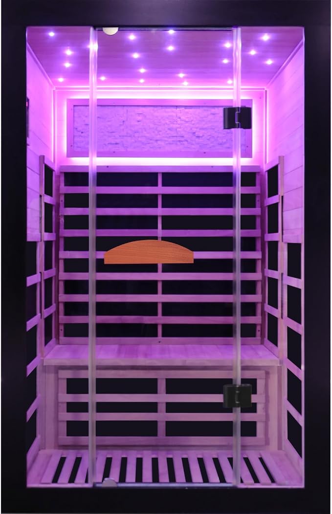 OUTEXER Infrared Sauna 2000W Wooden Saunas Home Spa Room Wood Low-EMF Indoor Saunas with with 7 Color Starry Sky Ceiling Light for Two Person 74.8 * 47.2 * 41.3Inch