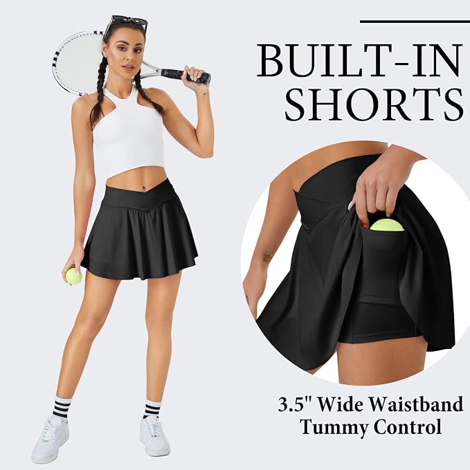 Womens Tennis Skirt Crossover High Waisted Skort with Pockets Shorts | Athletic Skirts for Golf Running Workout Pickleball, Aesthetic Activewear, Sporty Athleisure Style