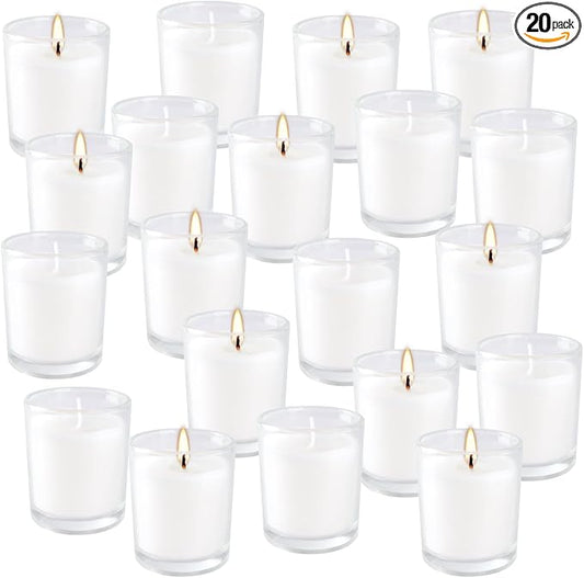 20 Pack Unscented White Clear Glass Filled Votive Candles | Soy Wax, Smokeless, Hand Poured Wax Candles Ideal for Aromatherapy, Spa, Weddings, Birthdays, Holidays & Party Decor