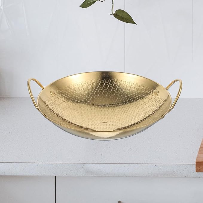 Cabilock Cooking Pan Chinese Wok Pan Lid Stainless Steel Wok Light Weight Easy to Use Korean Pot Double Handle Non-slip Camping Home Kitchen