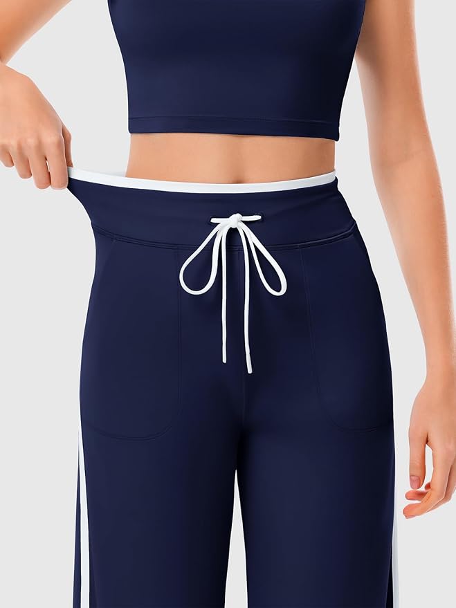 Women's Wide Leg Yoga Pants with Side Stripe, High Waisted Color Block String Lounge Pants, Workout Flowy Track Pants with Pockets