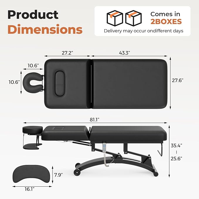 Paddie 550lbs Hi-Lo Electric Massage Table Professional, Black | Hydraulic Adjustable Backrest, Adjustable Face Cradle, Rolling Wheels