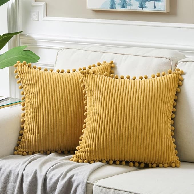 Fancy Homi Pack of 2 Mustard Yellow Decorative Throw Pillow Covers 16x16 Inch with Pom-poms for Living Room Couch Bedroom, Soft Corduroy Fall Solid Square Cushion Case 40x40 cm, Boho Home Decor