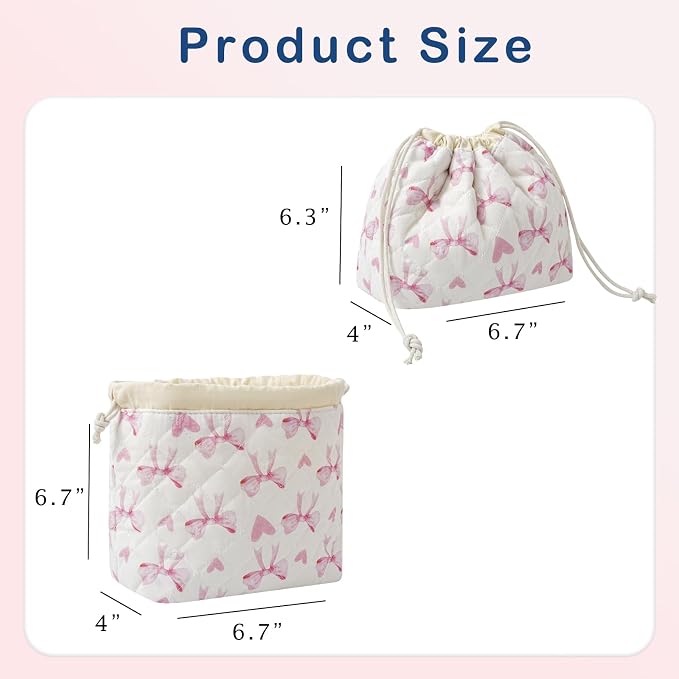 uekeboag Cotton Quilted Drawstring Makeup Bag with Canvas Lining,Coquette Aesthetic Cute Travel Toiletry Bag,Drawstring Gift Bag for Women and Girls（14Heart Bow）