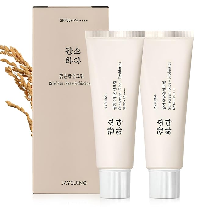 Relief Sun Organic Sunscreen SPF50+,Rice and Probiotics PA++++Korean Cream Care | Korean Skin for All Skin Types | UV Defens Nourishing Skin Protection (2, 2PCS)