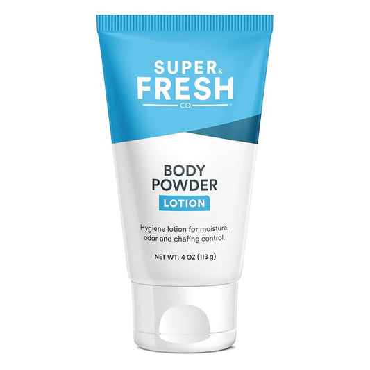 Super Fresh Body Powder Lotion by SweatBlock - Talc Free, Anti-Chafing, Deodorizing, Natural Ingredients - No Mess Body Powder Lotion for Men and Women - 4 fl oz.
