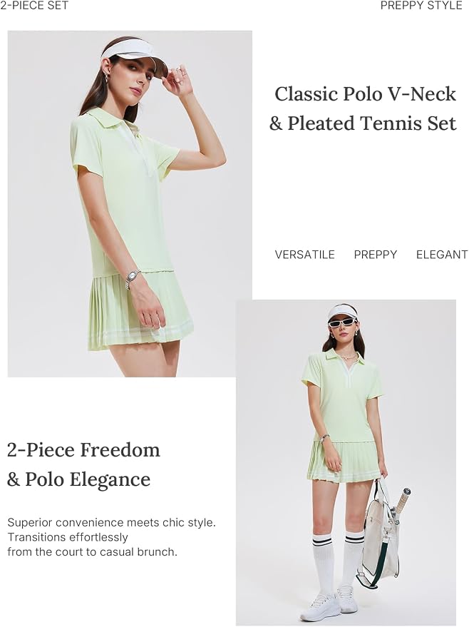 Women 2 Piece Tennis Skirt Set Pleated Golf Outfit, Polo V-Neck Athletic Dress Alternative Skort Set for Pickleball Pockets
