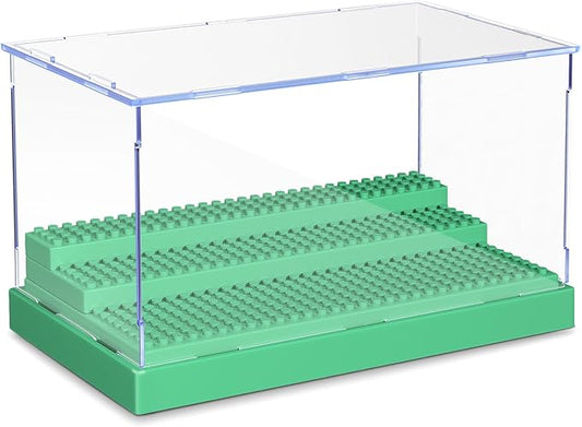 KKU Display Case for Minifigure Action Figures Blocks, Acrylic Minifigure Display Case Box Storage with 3 Movable Steps Gift for Kids Adults (Green)
