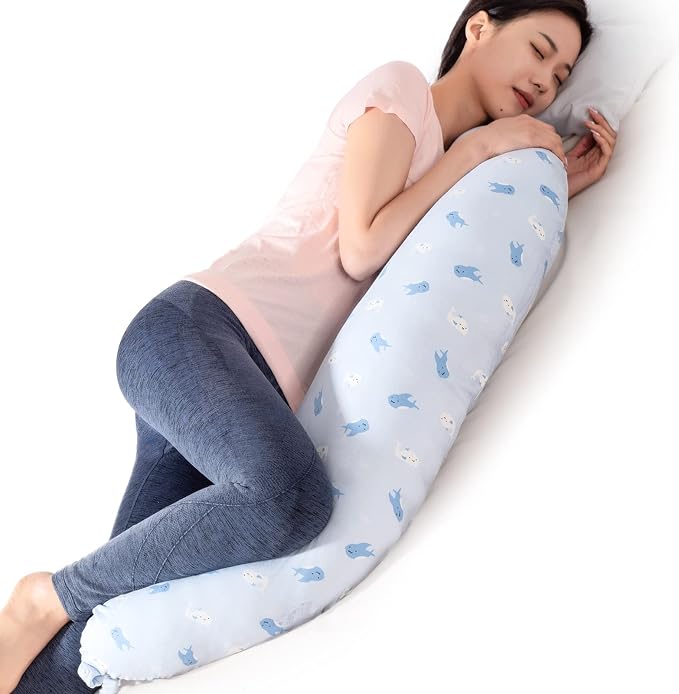BYRIVER Firm C Shaped Body Pillow for Side Sleeping Women Men, Cooling Pregnancy Pillows for Sleeping, Washable Jersey Cotton Cover, Gifts for New Mom Women (Little Shark)