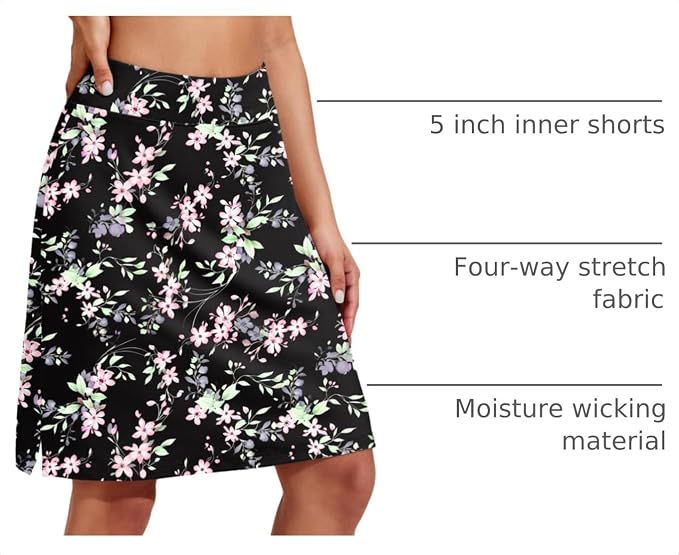 COOrun Women's 20" Knee Length Skirts High Waisted Golf Skorts with Pockets | Soft, Quick Dry, Split Hem, Built-in Shorts, A-line, Modest Skirts, for Golf Athletic Tennis Work Casual