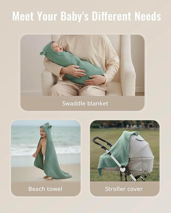 Blissful Diary Muslin Baby Hooded Towel, Soft and Absorbent Bath Towel for Newborn, Infant, Toddler, Unisex, 32″x32″ - Smart Bear