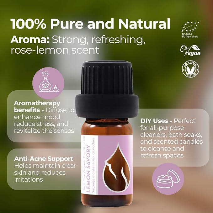 Essences Bulgaria Organic Lemon Savory Essential Oil 0.17 Fl Oz | 5ml | Satureja Montana Citriodora | for Immune System, Vitality, Health | Sensitive & Dry Skin | Aromatherapy | Therapeutic Grade