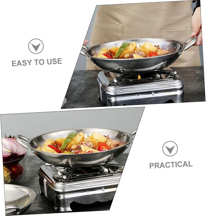 Homoyoyo Cooking Wok Round Bottom Stainless Steel Pot Double Handle Kitchen Supply