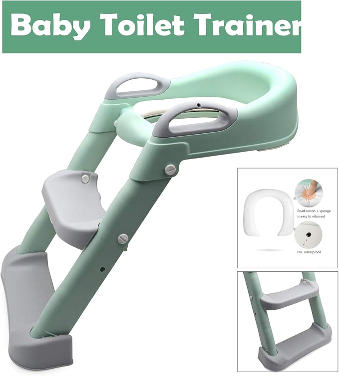 HongK- Classic Potty Training Toilet Ladder Seat With Upgraded Cushion Step Stool Ladder Toilet Chair/Toilet Trainer for Baby Toddler Kids Children In Green [P/N: ET-BABY002-GREEN-C]