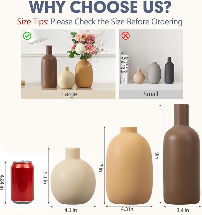 Large Ceramic Vase Set of 3, Brown Rustic Vases Home Decor Waterproof | Farmhouse Vases for Pampas Grass & Dried Flowers and Table Living Room Home Decor