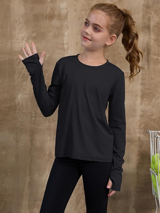 ZDC Girls Long Sleeve Athletic Shirts Kids Crewneck Quick Dry Workout Yoga Tops Basic Tees Activewear