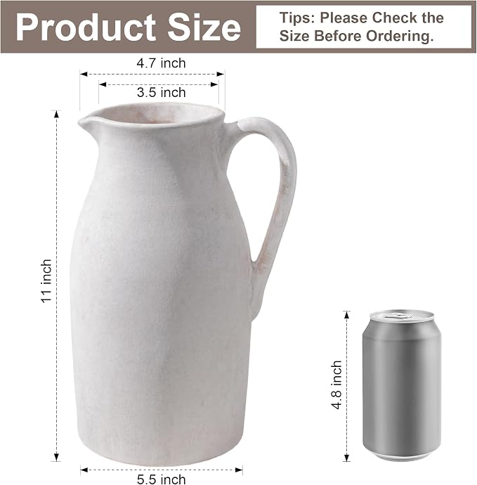 Ceramic Flower Vase with Handles,11" Neutral Tall Clay Beige Terracotta Vases Farmhouse Table Vases with Handle Living Room Decor Rustic Pottery Pots for Home Shelf Coffee Dining Desk Fireplace