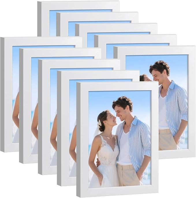 HappyHapi 4x6 Picture Frame Set of 10, Wall or Tabletop Display, White | White Picture Frames 4x6 Display Photos 3.5x5 with Mat or 4x6 without, Gallery Wall Frame Set, Modern Classic Home Decor