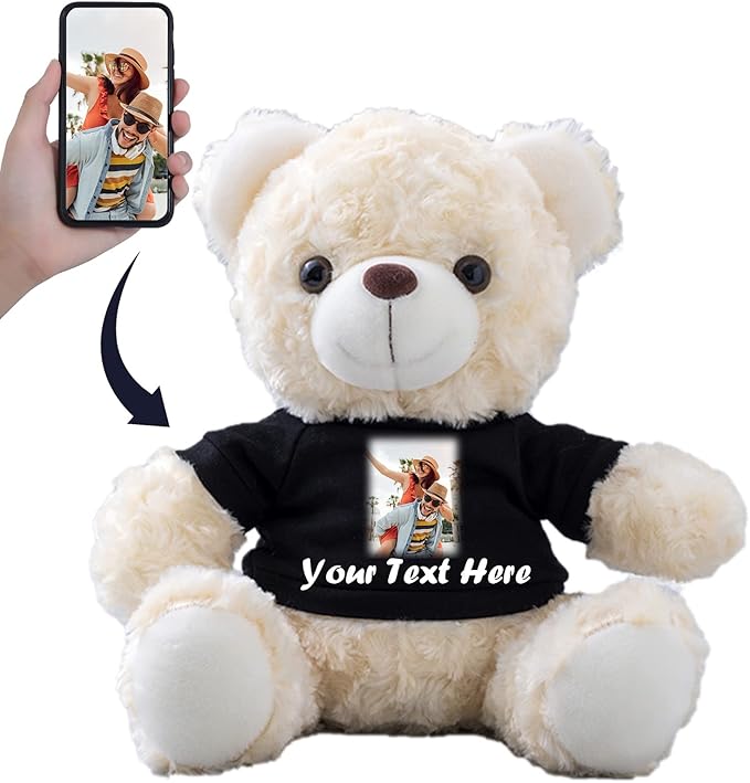 Generic Teddy Bear Customized Gifts for Women/Men with Custom Text, Personalized Teddy Bear Stuffed with T-shirt as Personalized Gifts for Christmas Valentines Day Birthday (8 inch-Text+Photo), Black