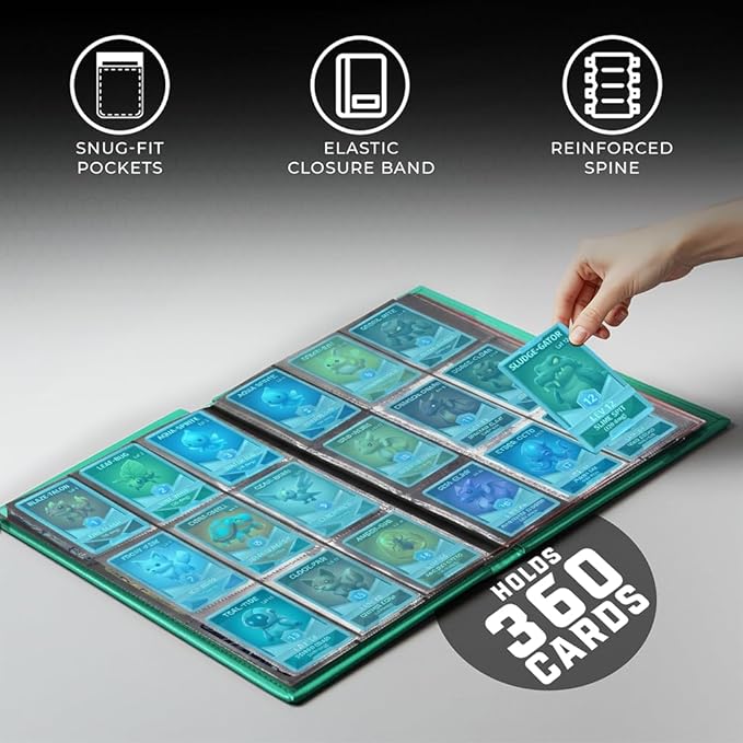 CardGuard Trading Card Binder Pro-Folio – 9 Pocket Binder - Side-Loading Album, Durable & Acid-Free Storage for Pokémon, YuGiOh, MTG, TCG, Game & Sports Cards, Dark Green