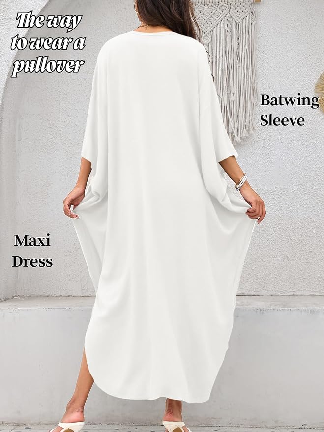 ChiaoLezhee Print Moo-Moos for Women, Kaftan Cover-Up Dresses, Sexy V-Neck High-Slit, Beach Pool-Party Coverups Muumuu Plus