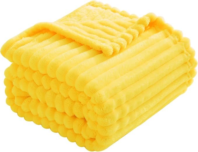 Bright Yellow Fleece Throw Blanket 90”×90” for Couch Sofa Livingroom | Super Soft Cozy Plush Microfiber Flannel Bed Blanket Striped Design Lightweight Home Decor Gifts for Adults Mom Women