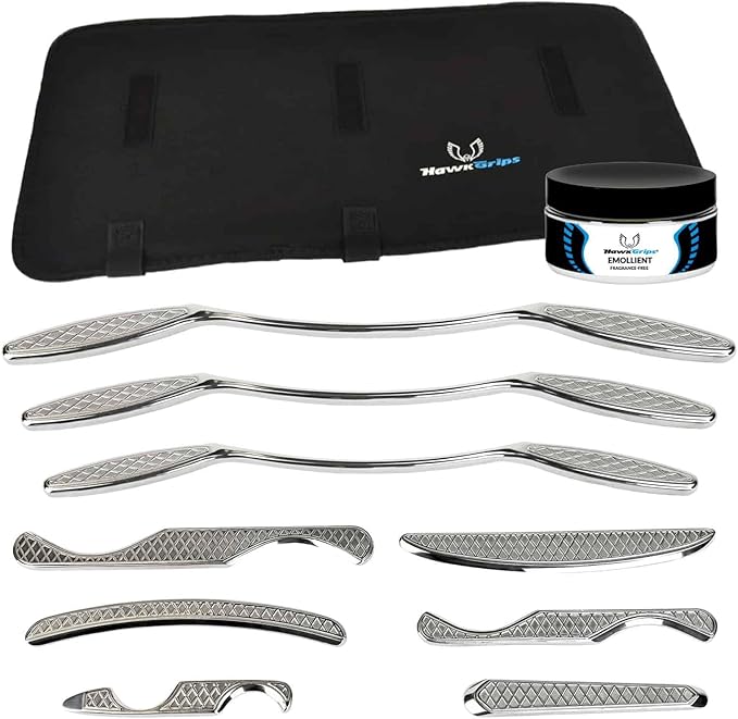 HawkGrips, Platinum Massage Therapy Set with Fragrance-Free Emollient 8oz, Stainless Steel, Includes Nine Massage Therapy Instruments (HG1-HG9), Roll-Up Case, Shoulder Bar, and Digital User Manual