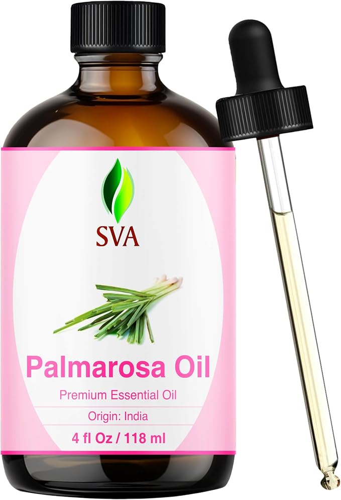 SVA Palmarosa Essential Oil 4 Fl Oz – for Diffuser, Skin & Hair Care – Ideal for Massage & DIY Blends – with Dropper