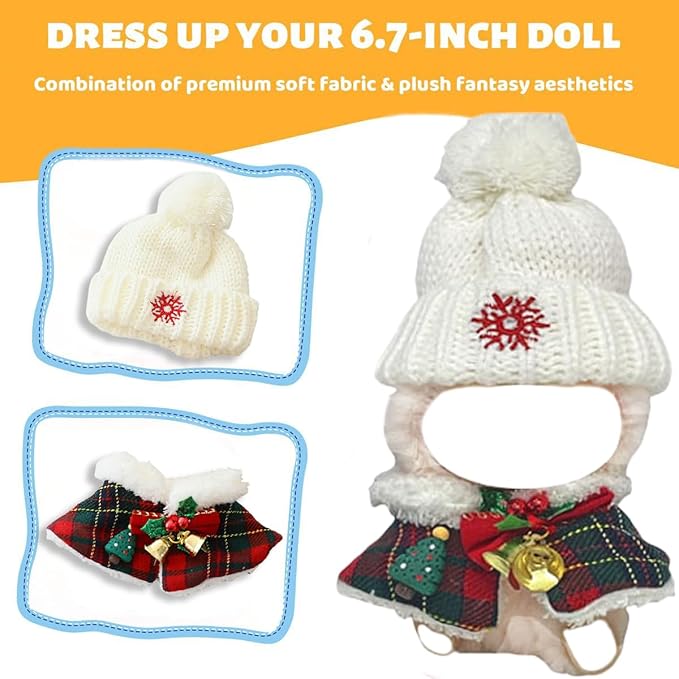 17cm Doll Clothes for,Doll Outfit Set Knitted Clothes Accessories 2-Piece of Christmas Hat & Capes Set or Christmas Tree Sweater for 6.7in Dolls Winther Clothing (Happy Bell)