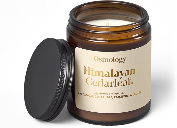 Osmology Himalayan Cedarleaf Aromatherapy Candle – Lemon, Patchouli & Cedarleaf Scented Candle, Plant-Based Wax in Amber Apothecary Jar, 7 oz, 50 Hour Burn Time, Warm & Woody Candle