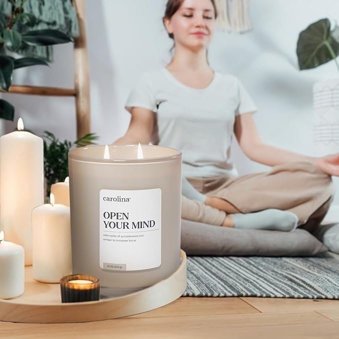 Carolina Open Your Mind Scented Candle, 16 oz Sandalwood & Amber Scented, 2 Wick Wellness Relaxing Candle, 60H Burn Time, Ideal for Creating a Welcoming Home - Made in The USA