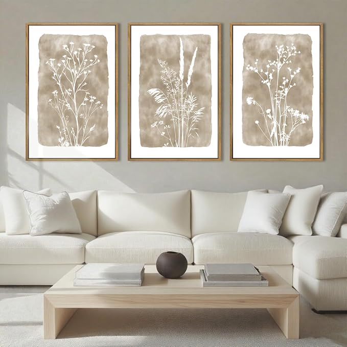 ANHUIB Beige Neutral Floral Canvas Wall Art 24x36 Inch Framed Brown Botanital Wall Decor Large Rustic Farmhouse Wildflower Artwork Boho Vintage Plant Art Prints Set of 3 for Living Room Bedroom Office