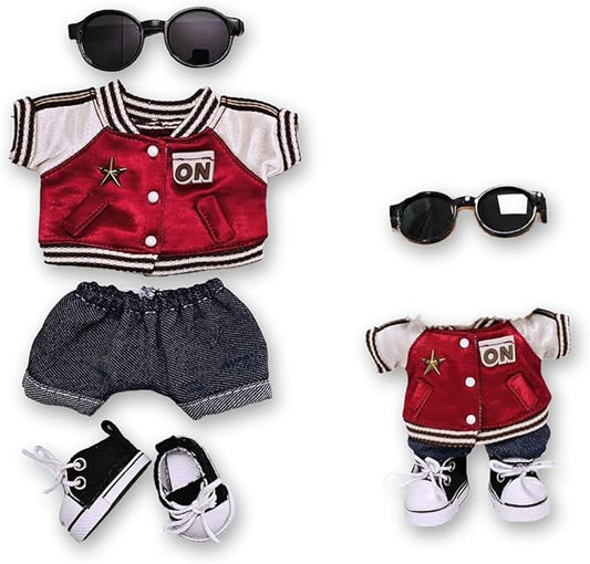 5 Set 17cm Doll Clothes -Clothes for Dolls Outfit - Accessories for 17cm Dolls Clothes +Light Pink Heart-Shaped Velvet hat + Small Camera + Glasses + Canvas Shoes, No Doll Included (Style X)