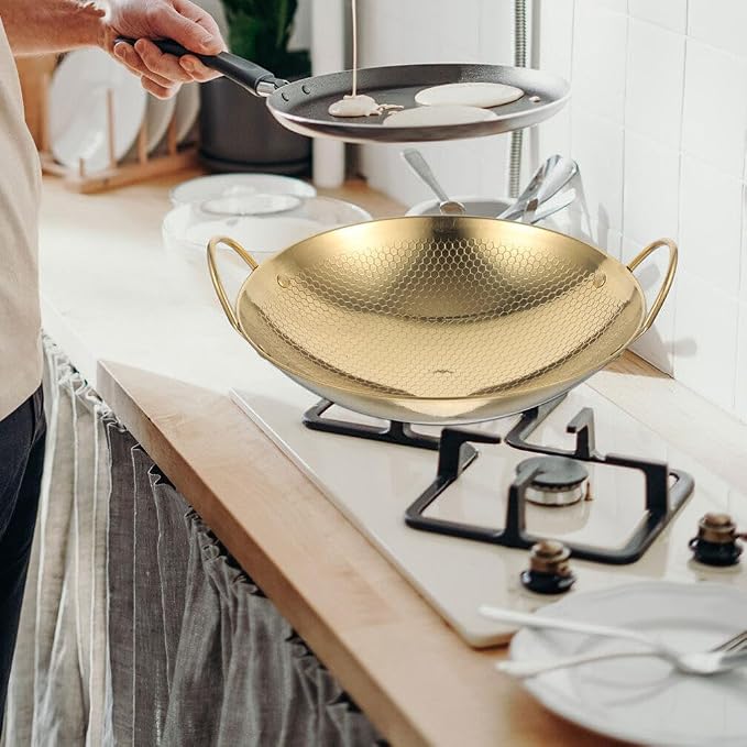 Cabilock Cooking Pan Chinese Wok Pan Lid Stainless Steel Wok Light Weight Easy to Use Korean Pot Double Handle Non-slip Camping Home Kitchen