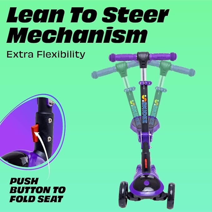 SKIDEE Kick Scooter for Kids Foldable 3 Wheel Scooter with Lean-to-Steer, Adjustable Height, Removable Seat & LED Light Wheels | Toddler Scooter Up to 12 Year Old Boys/Girls