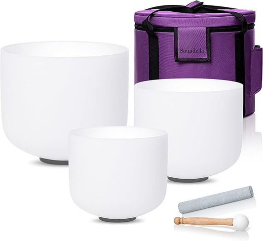 6-10 inch 432hz Quartz Crystal Singing Bowls Set of 3 Pure White, for Healing Mindfulness Meditation Yoga Sound Baths with Case and Mallet Suede Striker
