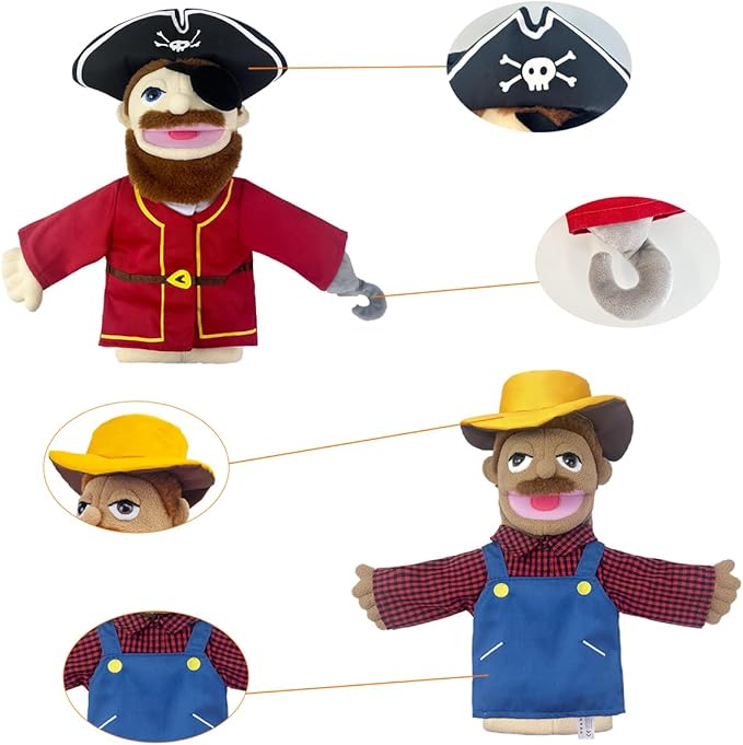 Professional Hand Puppets,2pcs Pirate Puppet and Farmer Hand Puppet for Kids Role Play,Teaching Puppet Stuffed Toys Character Puppets with Movable Mouth（02-Pirate&Farmer）