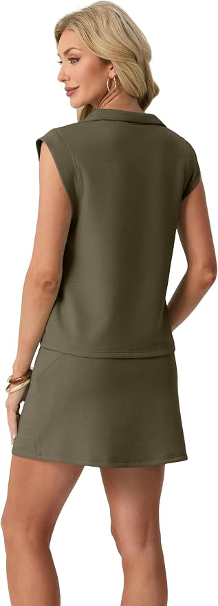 GRECERELLE Women's 2026 Summer 2 Piece Skort Sets Cap Sleeve Zip Collared Top Matching Tennis Skirt with Pockets for Athletic
